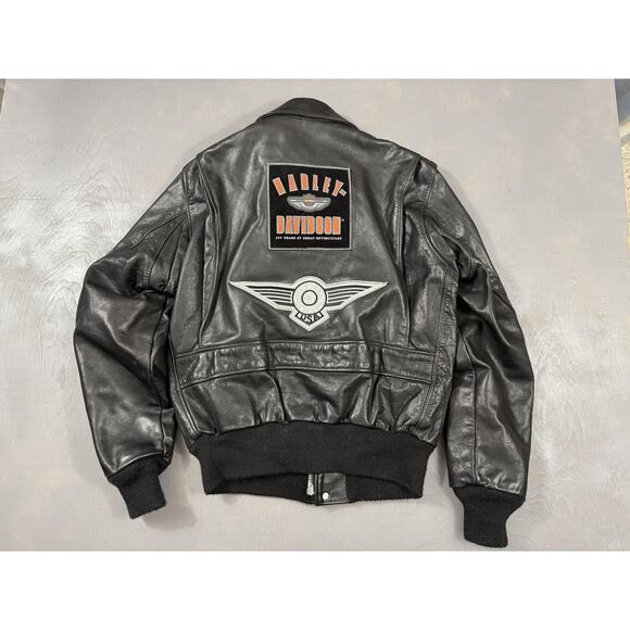 Vintage Harley Davidson Schott Jacket Mens 38 Black Leather Bomber 2000s A-2 - Picture 2 of 16